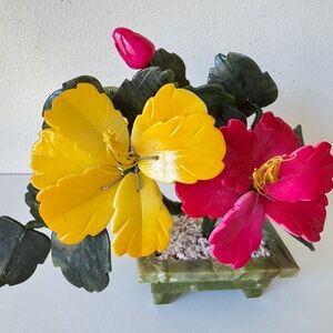 Vintage Jade Floral Flowers Red Yellow Tree Oriental Bonsai